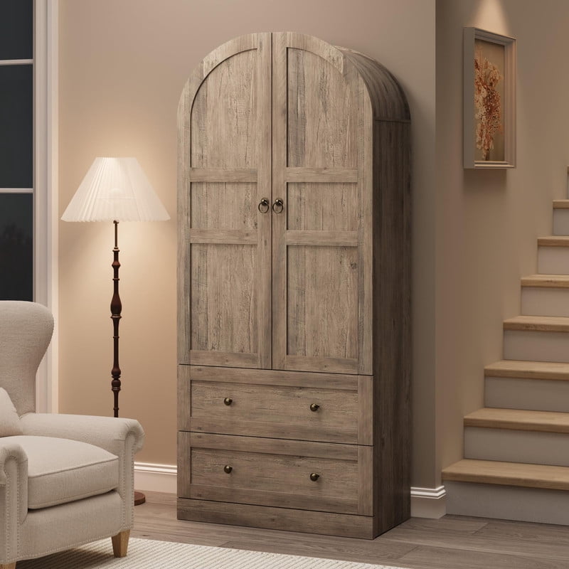 TROPOW 72 in Tall Arched Kitchen Pantry Cabinet, Farmhouse Wood Pantry Storage Cabinet with 2 Large Drawers, Wood Door, Freestanding Versatile Pantry Cabinets for Dining, Living Room