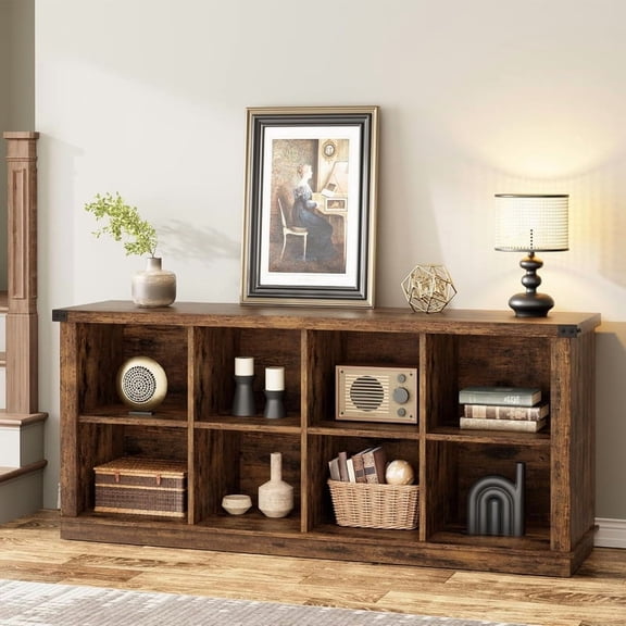 TROPOW 8 Cube Organizer Bookcase, 62'' Long Low Farmhouse Storage Shelf, Rustic Wood Grain Finish Open Shelf Bookshelf for Entryway, Living Room, or Hallway