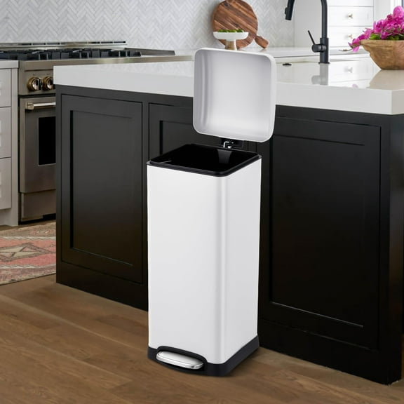 TROPOW 8 Gallon Bathroom Step Trash Can, 30-Liter Square Stainless Steel Foot Pedal Garbage Can with Soft-Close Lid for Kitchen, with Removable Inner Bucket,White