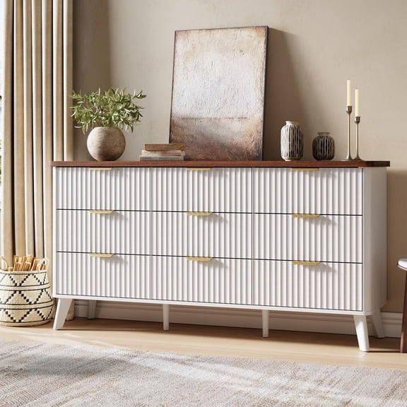 TROPOW 9 Drawers Dresser for Bedroom, Dressers with Curved Profile Design, Fluted Wood Drawers with Gold Handle, Modern Chest of Dressers with Thickened Design for Living Room
