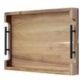 thumbnail image 1 of TROPOW Acacia Wood Serving Tray with Metal Handles, 17x12 Inch Decorative Ottoman Tray for Coffee Table, Breakfast in Bed Tray, Multipurpose Serving Tray for Living Room, Kitchen, Bar, 1 of 7