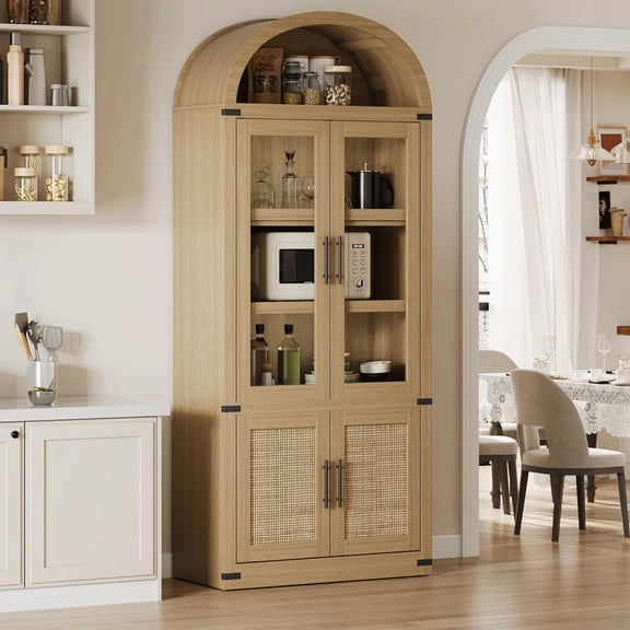 TROPOW Arched 6-Shelf Bookcase with Glass Doors, Modern Wooden Display Cabinet with Storage Shelves for Books, Décor and Collectibles