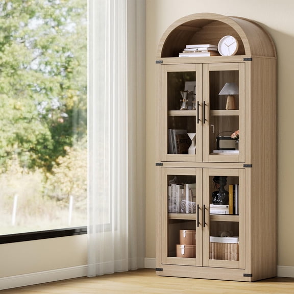 TROPOW Arched 6-Shelf Bookcase with Glass Doors, Modern Wooden Display Cabinet with Storage Shelves for Books, Décor and Collectibles