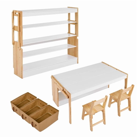 TROPOW Art Table and 2 Chairs Set, 47 in Convertible Activity Table to Storage Shelves, Craft Play Desk with 3 Storage Box, Folding Table and Chair Furniture Set, Adjustable Table