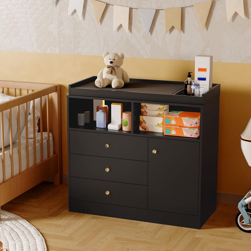 TROPOW Baby Changing Table Dresser with Detachable Top, Wooden Diaper Station with 3 Drawers, 2 Shelves & Cabinet, Modern Nursery Dresser for Baby Room, Black