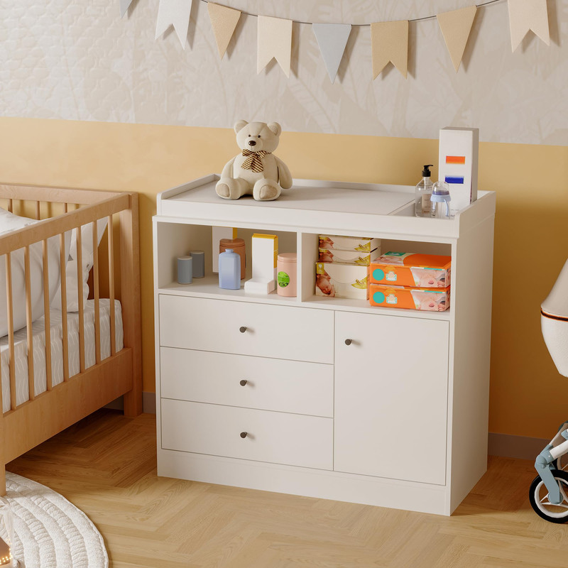 TROPOW Baby Changing Table Dresser with Detachable Top, Wooden Diaper Station with 3 Drawers, 2 Shelves & Cabinet, Modern Nursery Dresser for Baby Room, White