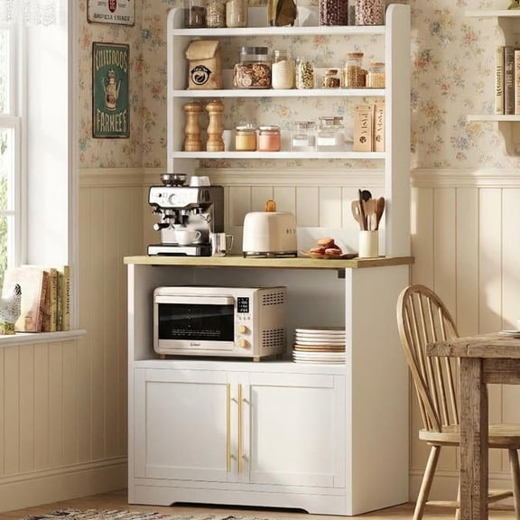 TROPOW Bakers Rack with Power Outlet and 2 Doors, 63" Tall Farmhouse Wood Microwave Stand with Hutch & 3 Shelves, Coffee Bar Cabinet with Thick Counter, Sturdy Frame, for Kitchen