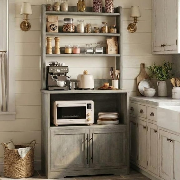 TROPOW Bakers Rack with Power Outlet and 2 Doors, 63" Tall Farmhouse Wood Microwave Stand with Hutch & 3 Shelves, Coffee Bar Cabinet with Thick Counter, Sturdy Frame, for Kitchen