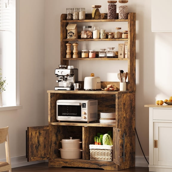 TROPOW Bakers Rack with Power Outlet and 2 Doors, 63" Tall Farmhouse Wood Microwave Stand with Hutch & 3 Shelves, Coffee Bar Cabinet with Thick Counter, Sturdy Frame, for Kitchen