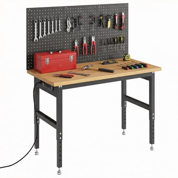 TROPOW Bamboo Top Workbench with Drawer, Heavy-Duty Garage Work Bench, Adjustable Height Wood Work Table, Strong Construction for Workshop, DIY, and Home Office