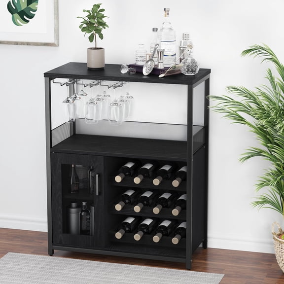 TROPOW Bar Cabinet,Removable Glass Rack, Industrial Wine Cabinet with Adjustable Wine Rack, Storage Metal Wood Sideboard Buffet