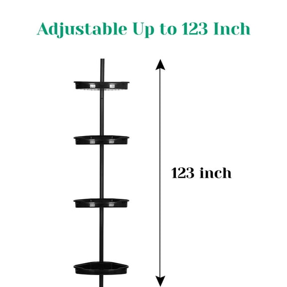 TROPOW Bathroom Rust-Resistant Shower Trolley Corner, 4-Tier Adjustable Shelf with Tension Rod, Bathroom Accessories Shower Organizer, Floor Standing Bath Shelf Bracket, Up to 123 Inch, Black