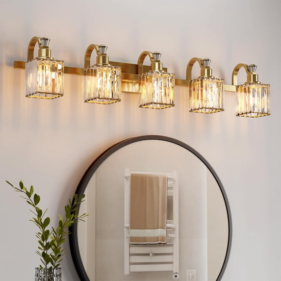 TROPOW Bathroom Vanity Light Fixtures Modern Crystal Vanity Light Fixtures Over Mirror,5 Light Modern Crystal Wall Lighting with Square Shade,Gold