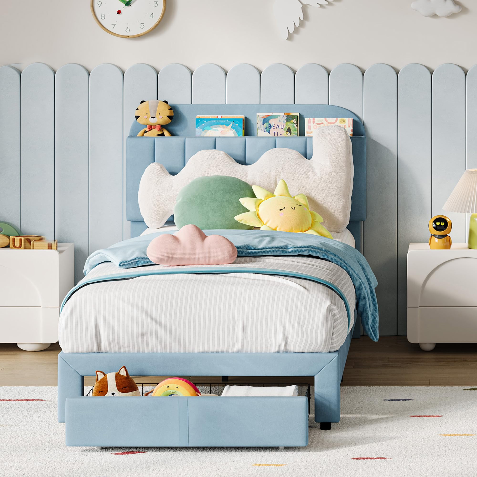 TROPOW Bed Frame,with Bookcase Headboard, Velvet Upholstered Platform Bed Frame with Under-Bed Drawer, No Box Spring Needed/Noise-Free, Light Blue