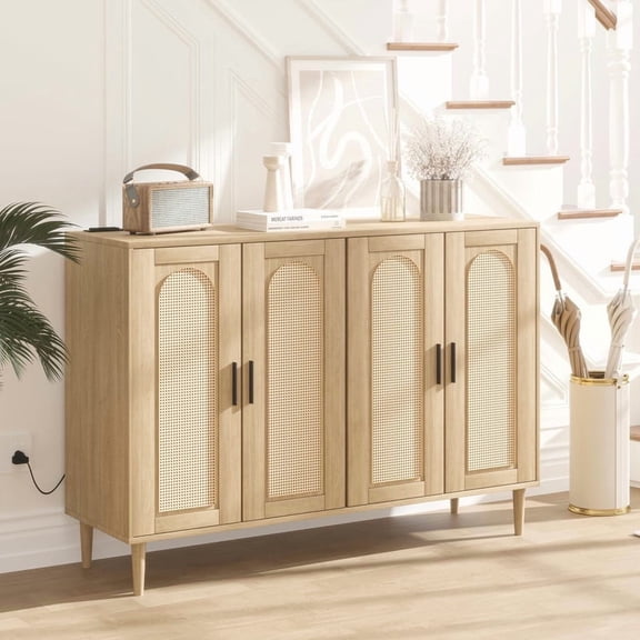 TROPOW Boho Rattan Sideboard Cabinet with Power Outlet – Wooden 4-Door Storage Cabinet for Entryway, Hallway, Dining Room, Living Room and Bar