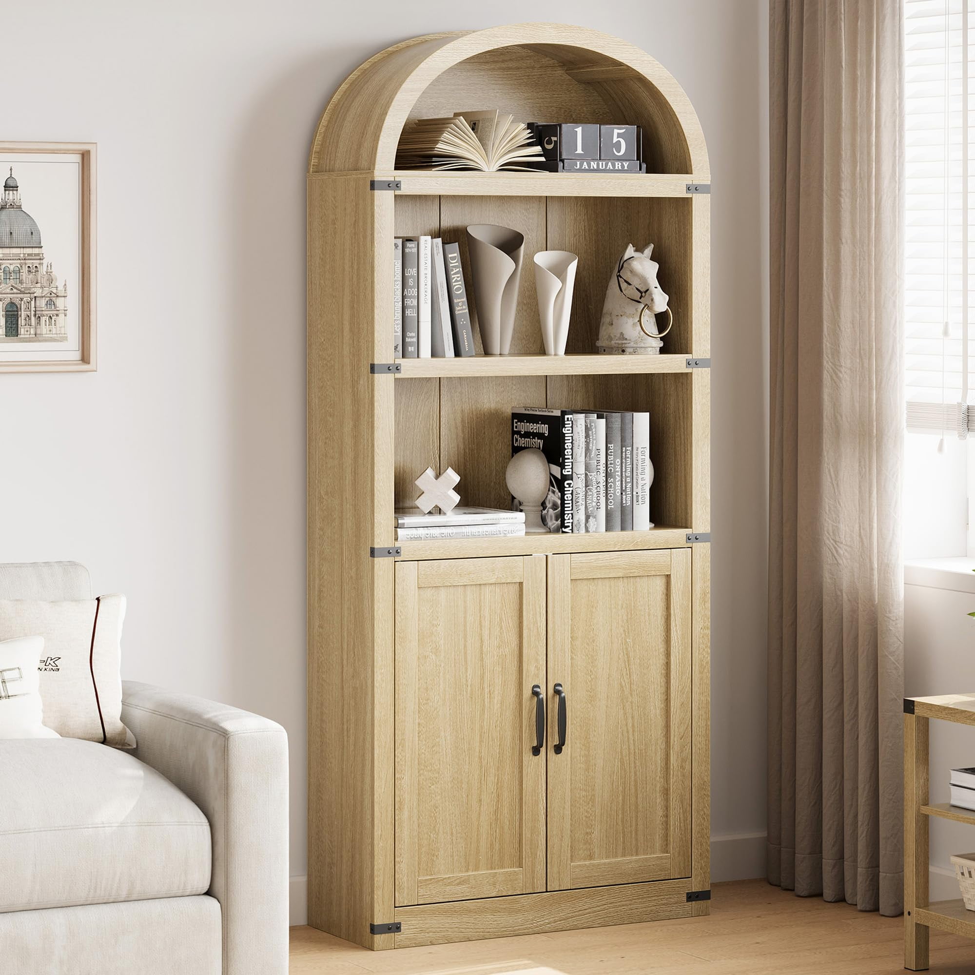 TROPOW Bookcase with Doors Arched Bookshelf 71.65in Tall Bookcase Farmhouse Cabinet with Shelves Wooden Bookshelves for Home Office, Living Room,Wood Color - Walmart.com