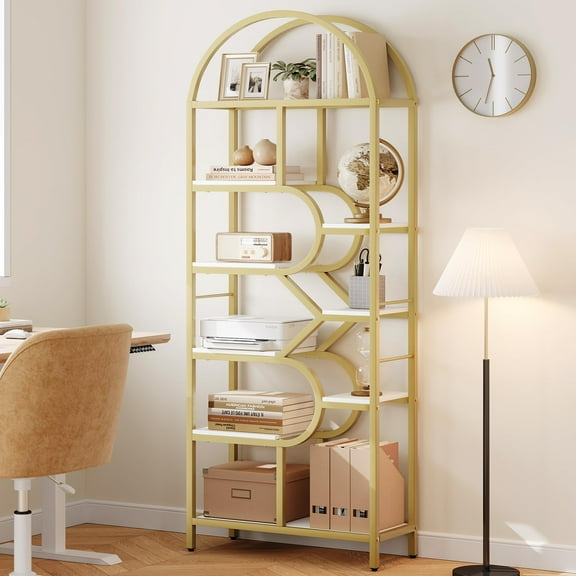 TROPOW Bookshelf 6 Tier Arched Bookcase 81.7in Tall Display Racks Geometric Open Storage Shelf Unique Book Rack Metal Frame Large Modern Book Shelf for Bedroom, Living Room, Home Office,Gold