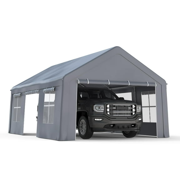 TROPOW Carport 13'x20' Heavy Duty Canopy with 3 Doors & 5 Ventilated Windows, Portable Garage Waterproof Party Tent with Removable Sidewalls for Pickup Truck, and Boat, Grey