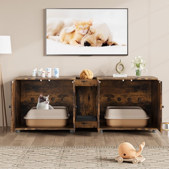 TROPOW Cat Litter Box Enclosure 55.1" Double Litter Box Furniture Large Cat Box Enclosure Kitty Litter Box for 2 Cats Hidden Cat Litter Cabinet Double Cage with Cat Litter pad Rattan Door,Retro
