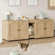 TROPOW Cat Litter Box Enclosure 55.1 Double Litter Box Furniture Large Cat Box Enclosure Kitty Litter Box for 2 Cats Hidden Cat Litter Cabinet Double Cage with Cat Litter pad Rattan Door,Wood Color