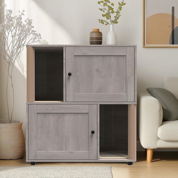 TROPOW Cat Litter Box Enclosure Furniture for 2 Cats, Hidden Litter Box, Modern Double Layer Cats Washroom Furniture with 2 Scratch Mat and Cat Scratching Post, Side End Table