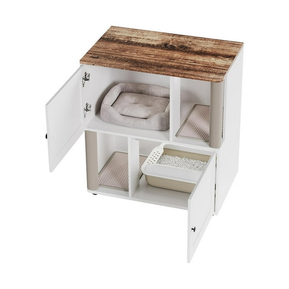 TROPOW Cat Litter Box Enclosure Furniture for 2 Cats, Hidden Litter Box, Modern Double Layer Cats Washroom Furniture with 2 Scratch Mat and Cat Scratching Post, Side End Table