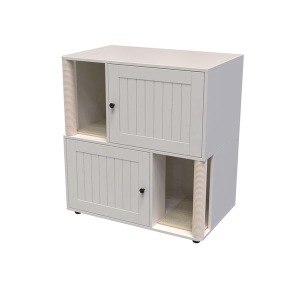 TROPOW Cat Litter Box Enclosure Furniture for 2 Cats, Hidden Litter Box, Modern Double Layer Cats Washroom Furniture with 2 Scratch Mat and Cat Scratching Post, Side End Table