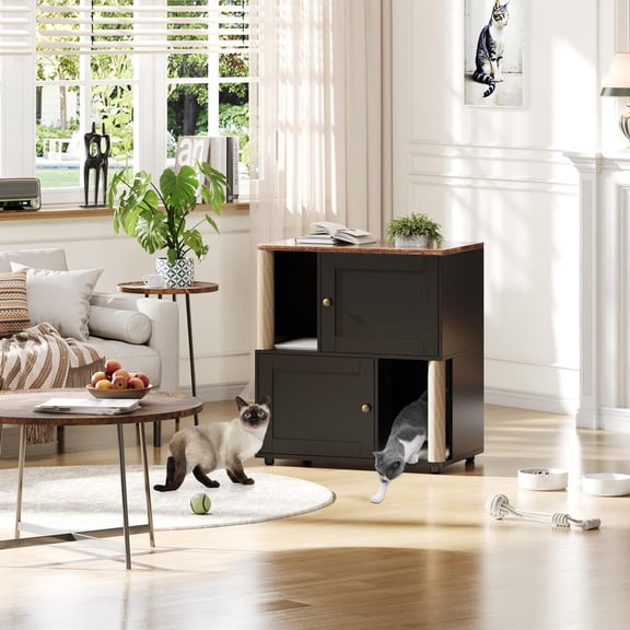 TROPOW Cat Litter Box Enclosure Furniture for 2 Cats, Hidden Litter Box, Modern Double Layer Cats Washroom Furniture with 2 Scratch Mat and Cat Scratching Post, Side End Table