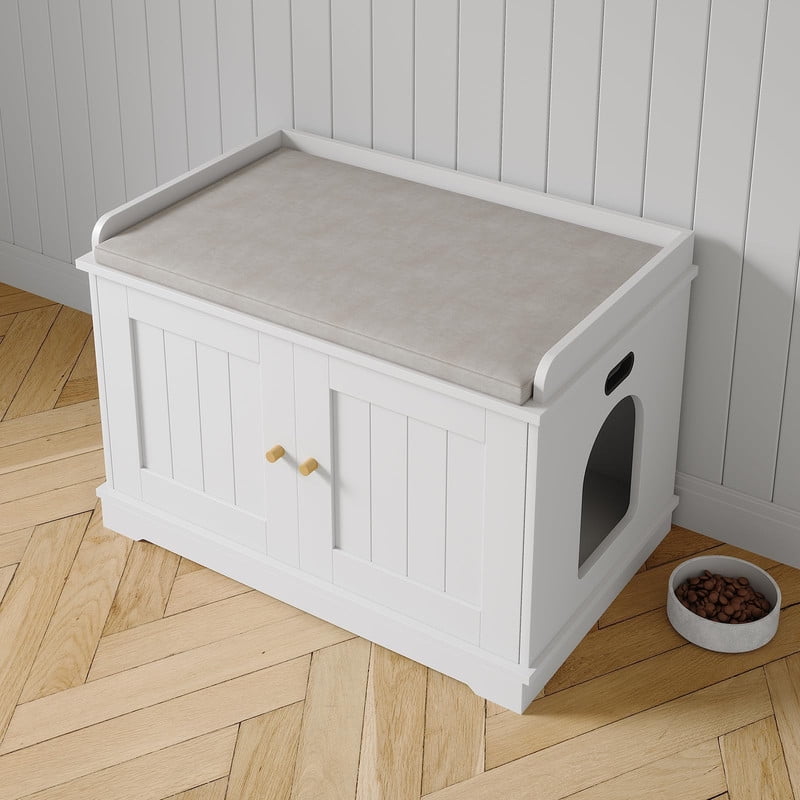 TROPOW Cat Litter Box Enclosure, Wooden Cat Washroom Furniture with Barn Door and Display Shelf, Hidden Litter Box Cover, Dog Proof Feline Litter Boxes, Kitty House, Fit Most of Litter Box