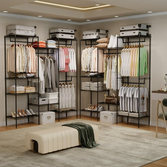 TROPOW Clothes Racks for Hanging Clothes,Medium Wire Garment Rack, Heavy Duty Clothes Rack with 8 Shelves & 4 Hang Rods, Freestanding Metal Garment Racks for Hanging Clothes