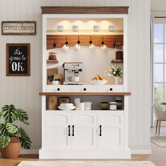 TROPOW Coffee Bar Cabinet with LED Light, 72 in Tall Farmhouse Coffee Bar Hutch with Storage, Sideboard Buffet Cabinet with Microwave Stand/Glass Shelf/6 Hooks/3 Drawers ,White