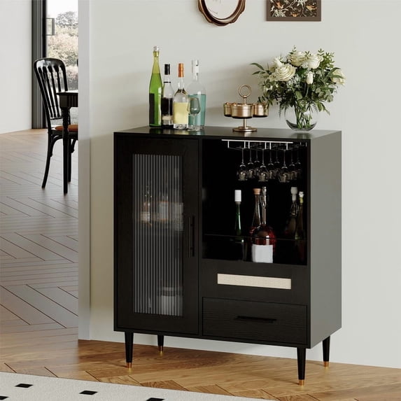 TROPOW Coffee Bar Cabinet with Wine Glass Rack & Storage, 30.7" Modern Buffet Sideboard and Liquor Cabinet for Kitchen, Dining Room, Living Room