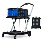 TROPOW Collapsible Shopping Cart, 2 Tier Rolling Storage Cart with Removable Crate, Multi Use Functional Folding Cart, Portable Grocery Cart On Wheels for Home, Office, Picnic