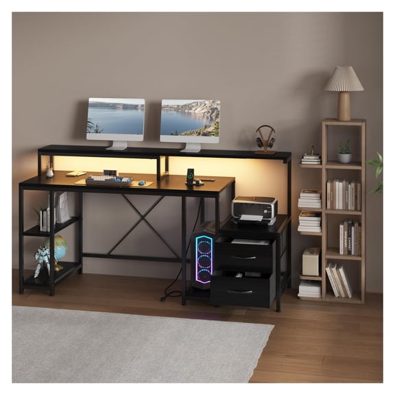 TROPOW Computer Desk with Drawers,Ergonomic 63" Home Office Desk with RGB LED Light,Dual Monitor Stand, Integrated Power Outlets & Printer Space,Large Desktop with Drawers for Gaming & Study,Black