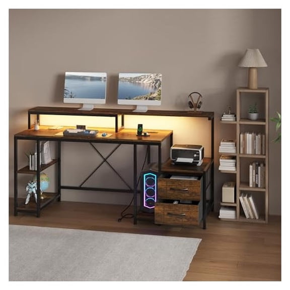 TROPOW Computer Desk with Drawers,Ergonomic 63" Home Office Desk with RGB LED Light,Dual Monitor Stand,Integrated Power Outlets & Printer Space,Large Desktop with Drawers for Gaming & Study,Brown