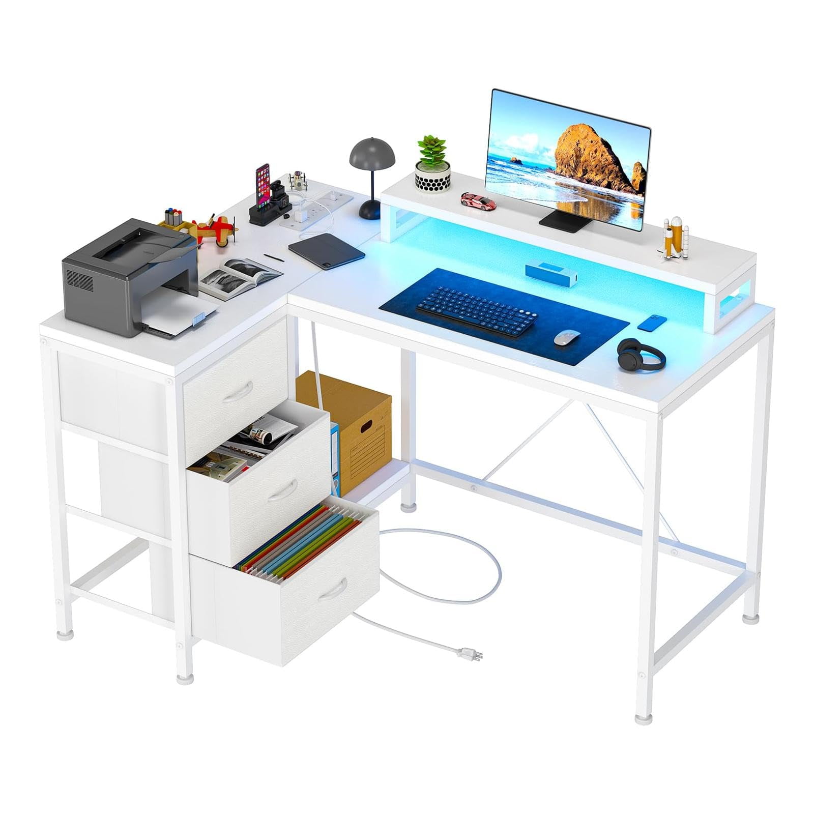 TROPOW Computer Desk with Drawers,Ergonomic L-Shaped Computer Desk with 4 Power Outlets, 2 USB Ports, 7-Color LED Lights, Removable Stand, Drawers & Bookshelf - Rustic Brown Corner Gaming,White
