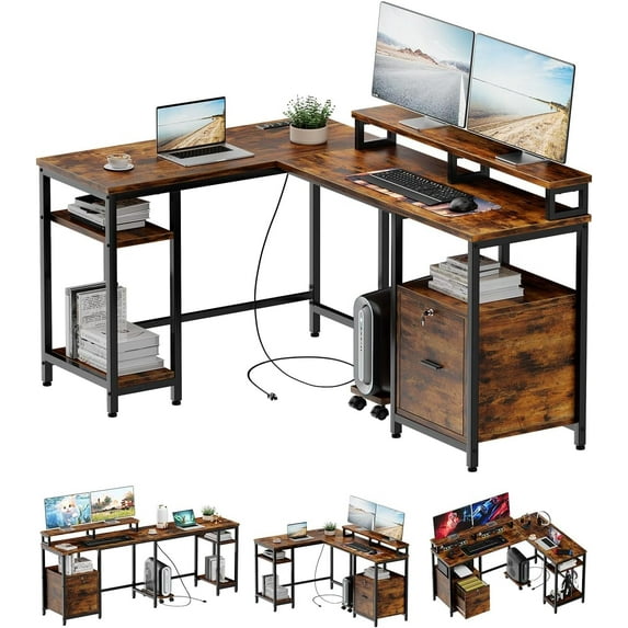 TROPOW Computer Desk with Drawers,L Shaped Office Desk,with File Drawer & Power Outlet, Gaming Desk with Mobile CPU Stand, Corner Computer Desk with Monitor Shelf, Printer Storage Shelves,Brown