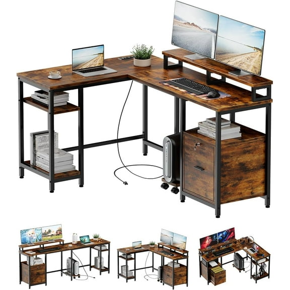 TROPOW Computer Desk with Drawers,L Shaped Office Desk,with File Drawer & Power Outlet, Gaming Desk with Mobile CPU Stand, Corner Computer Desk with Monitor Shelf, Printer Storage Shelves,Brown