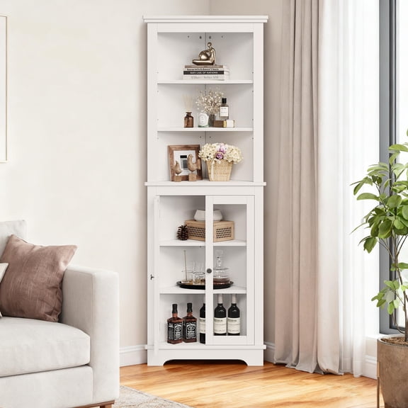TROPOW Corner Cabinet with Glass Doors, Adjustable Shelves Freestanding Tall Bathroom Kitchen Storage Cabinet for Small Spaces, White Modern Organizer