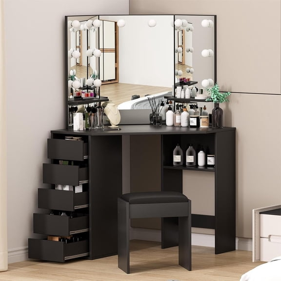 TROPOW Corner Vanity Desk with Mirror and Lights, Makeup Table Set with Lighted Mirror, 3 Adjustable Lighting Colors, Cushioned Stool, 5 Drawers and Storage Shelves,Black