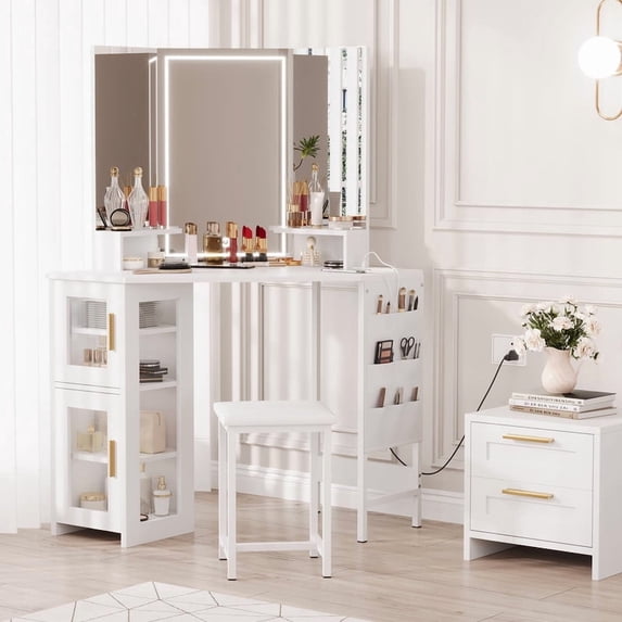 TROPOW Corner Vanity Desk and Stool, Corner Makeup Vanity with LED Lighted Mirror Charging Station and Cabinet for Bedroom,White