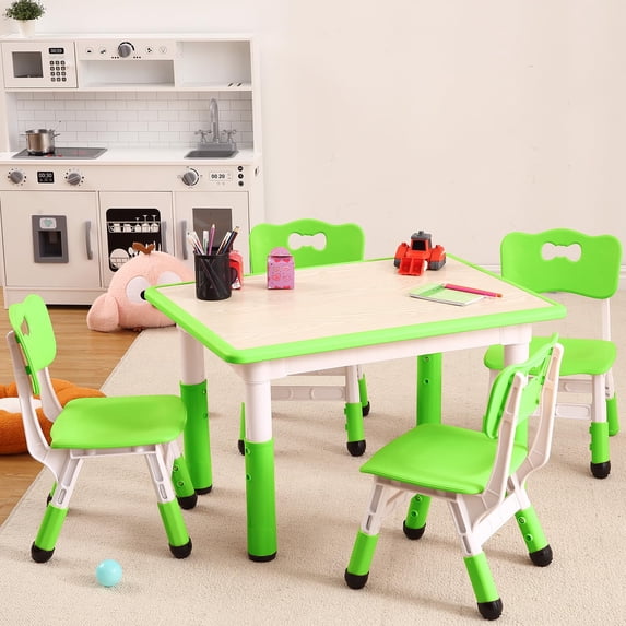 TROPOW Desk Chair,Kids Table and Chairs Set, Height Adjustable Desk With 4 Seats for Ages 2-10,Arts & Crafts Table,Graffiti Desktop, Non-Slip Legs, Max 300lbs, Children Multi-Activity Table,Green