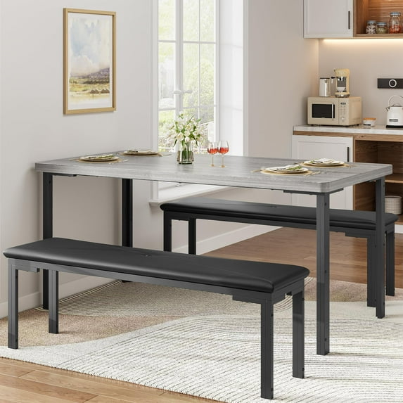 TROPOW Dining Table Set for 3,Compact Kitchen Table Set with 2 Upholstered Benches, Rectangle Modern Dining Table Chair for Small Spaces, Apartment,Gray