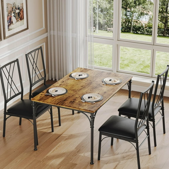 TROPOW Dining Table Set for 4,5-Piece Metal and Wood Indoor Modern Rectangular Dining Table Furniture Set for Kitchen, Dining Room, Dinette, Breakfast Nook w/ 4 Chairs, Retro