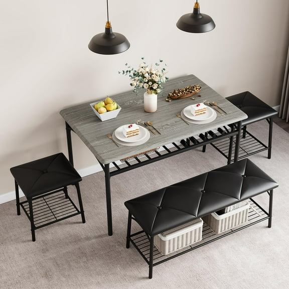 TROPOW Dining Table Set for 4 Kitchen Table Set With 2 Benches 4-Piece Dining Chairs Set With Storage for Breakfast Nook Kitchen Table Set for 2/4/6 Breakfast Dinette for Small Space, Apartment,Gray