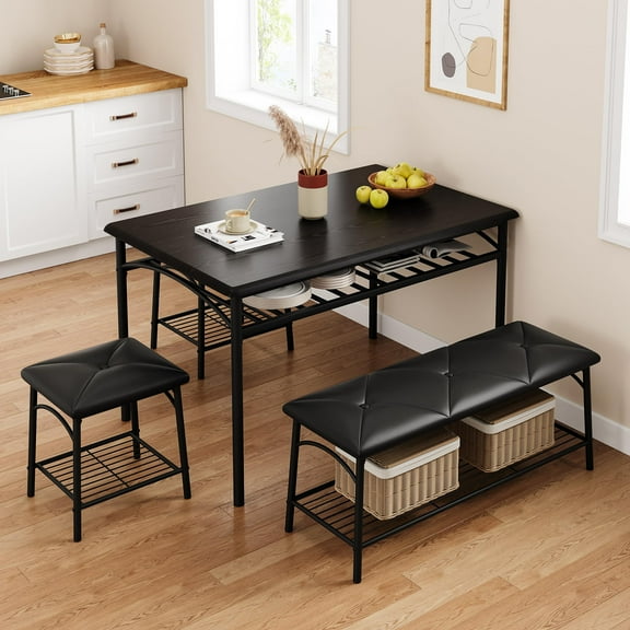 TROPOW Dining Table Set for 4 Kitchen Table Set With 2 Benches 4-Piece Dining Chairs Set With Storage for Breakfast Nook Kitchen Table Set for 2/4/6 Breakfast Dinette for Small Space, Apartment,Black