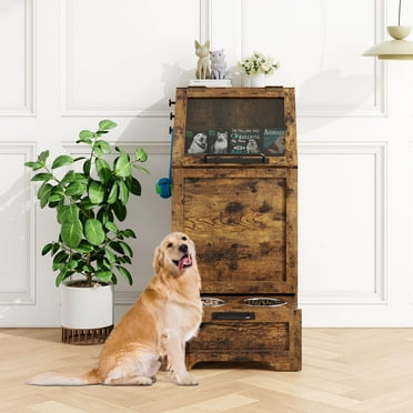 TROPOW Dog Feeding Station with 2 Elevated Bowls, Flip Top Food Storage Cabinet, Modern Pet Organizer,Brown