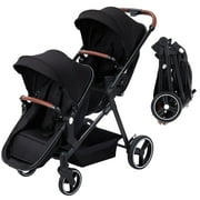 TROPOW Double 2-in-1 Baby Stroller Reversible Stroller, Bassinet with One-Hand Fold for Convenience Stroller with 2 Recliners and Oversized Canopy - Black