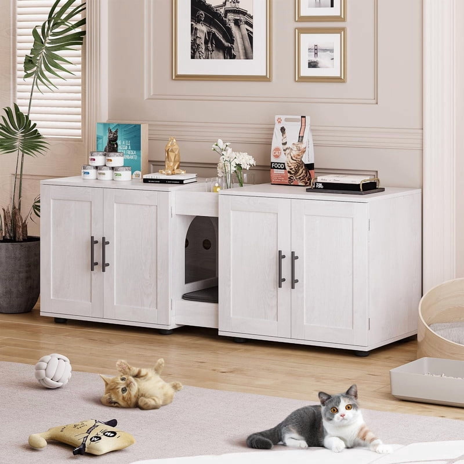 TROPOW Double Litter Box Enclosure,55" Furniture for 2 Cats, TV Stand,Waterproof Easy-Clean Surface,Cabinet Buckles & Storage Grooves,Suitable for living room, furniture decoration
