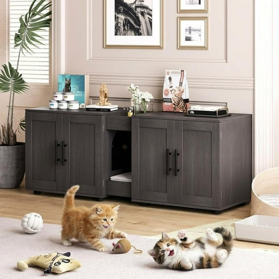 TROPOW Double Litter Box Enclosure,55" Furniture for 2 Cats, TV Stand,Waterproof Easy-Clean Surface,Cabinet Buckles & Storage Grooves,Suitable for living room, furniture decoration